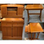 A teak sideboard 85 x 77 cm comprising, twin drawers over cupboards, 2 teak nests of tables and a