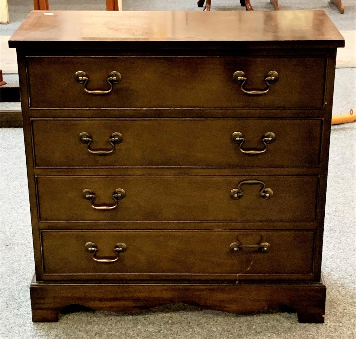 A mahogany 4 drawer chest 77 x 75 x 32 cm, together with a white 2 drawer bedside chest, a pair of