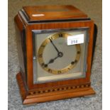 A 1930's mahogany mantle clock retailed by Oldfields, Liverpool with inscription plate to top.