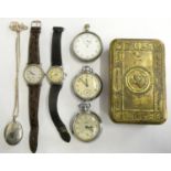 A stop watch in a metal case, two other pocket watches, two wristwatches and a Christmas 1914 tin
