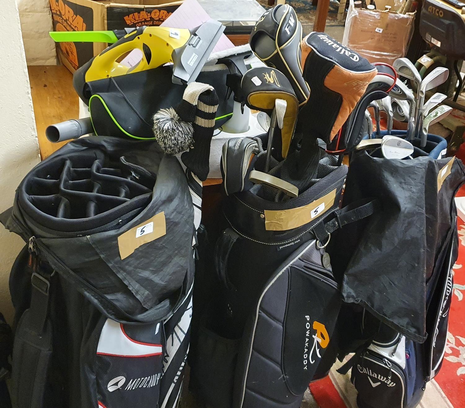 Three golf bags and 20 various clubs.