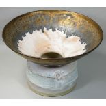 Nick Booth, a large flared vase with bulbous base, brass glaze finish to the rim, impressed marks,