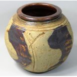 Charles Bound (b.1939), a large stoneware vase of globular form, brown abstract design on a sand