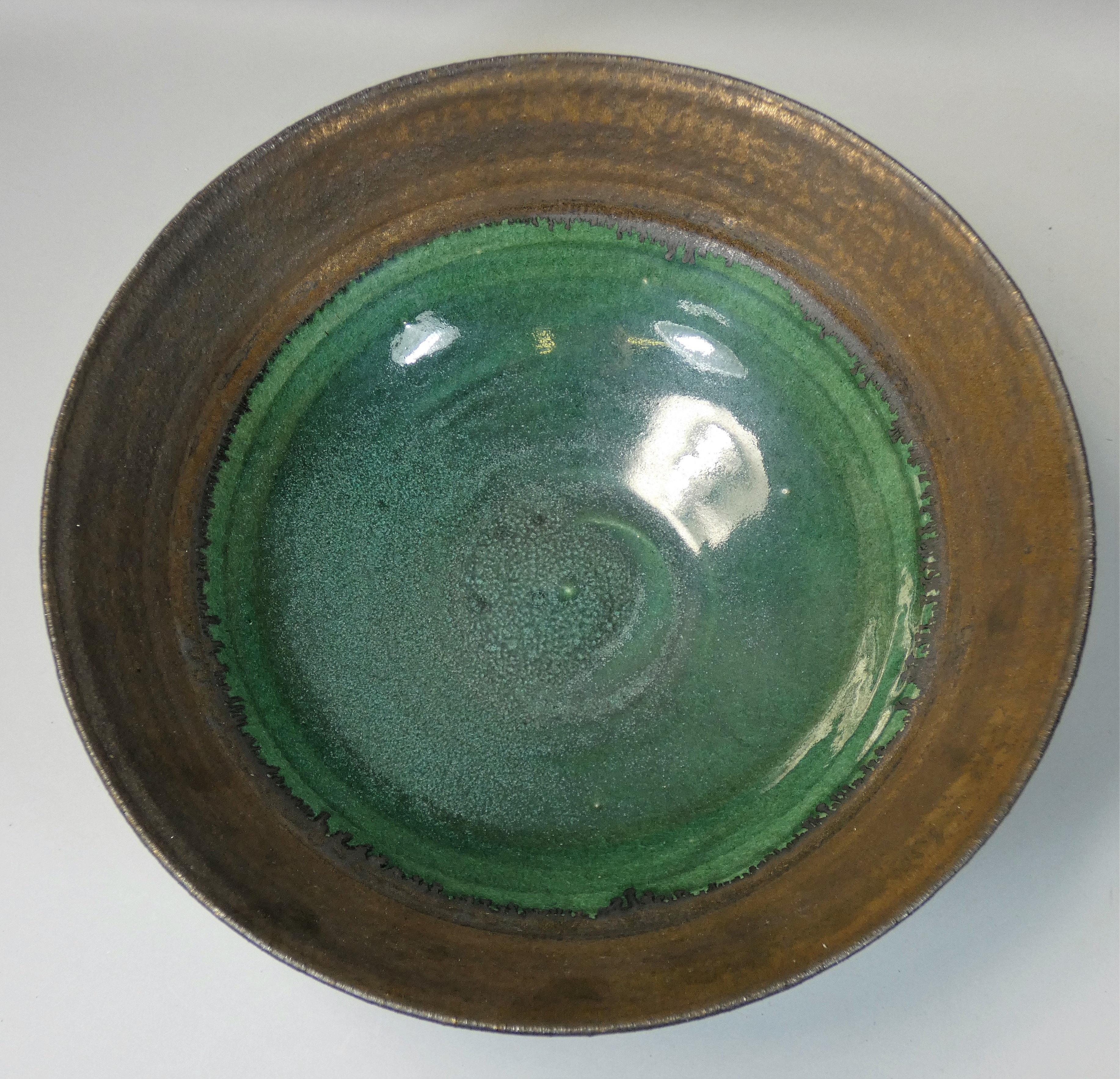 Nick Booth (contemporary), a large studio pottery bowl, with brass patinated rim and polychrome - Image 2 of 4