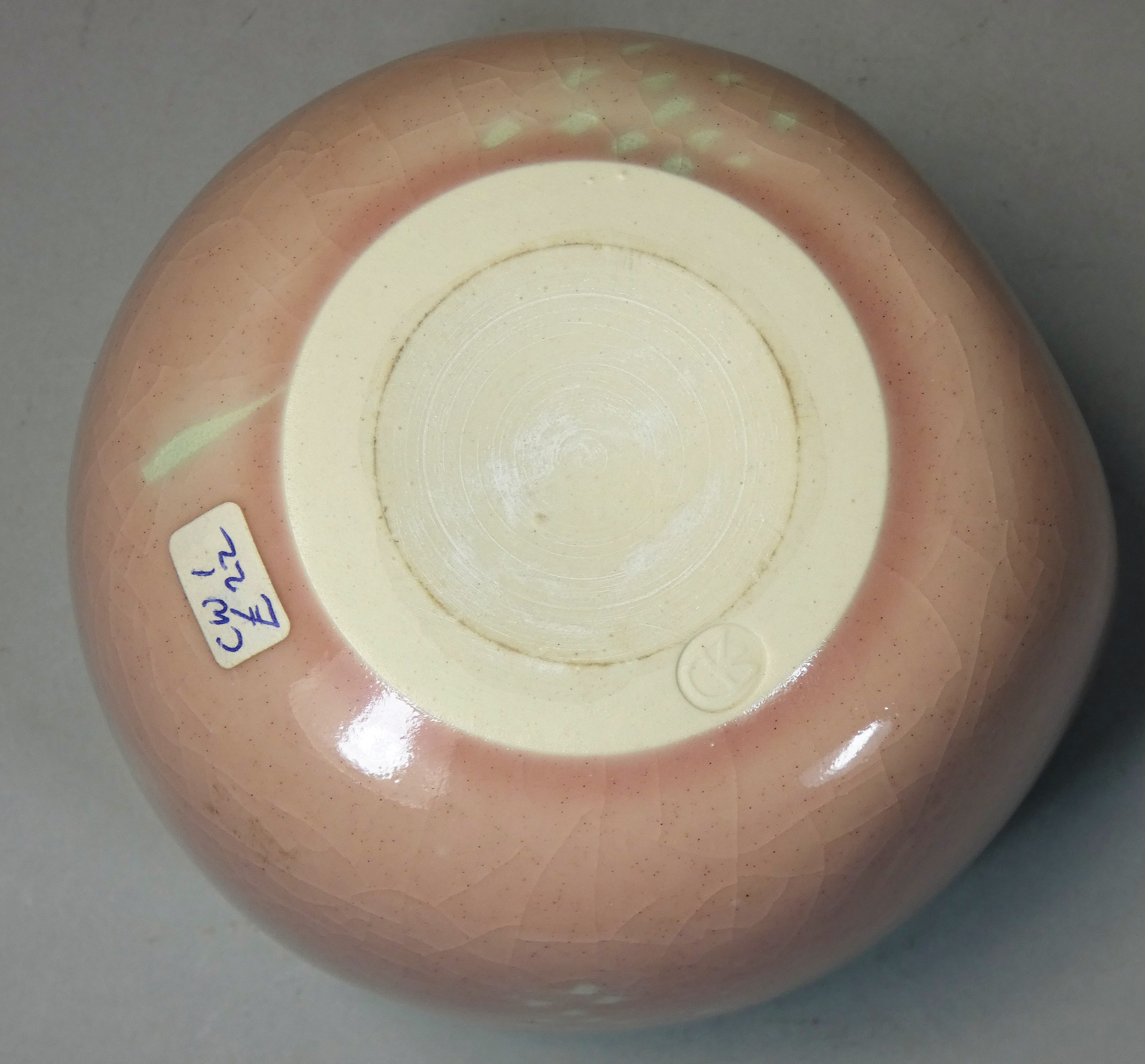 Caroline Whyman, a crackle glazed pouring jug in light pink glaze, celadon interior and rim, - Image 4 of 4