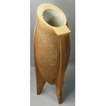 Hannah Arnup, a stoneware textured oval vase on three legs, exhibition number 5, impressed makers