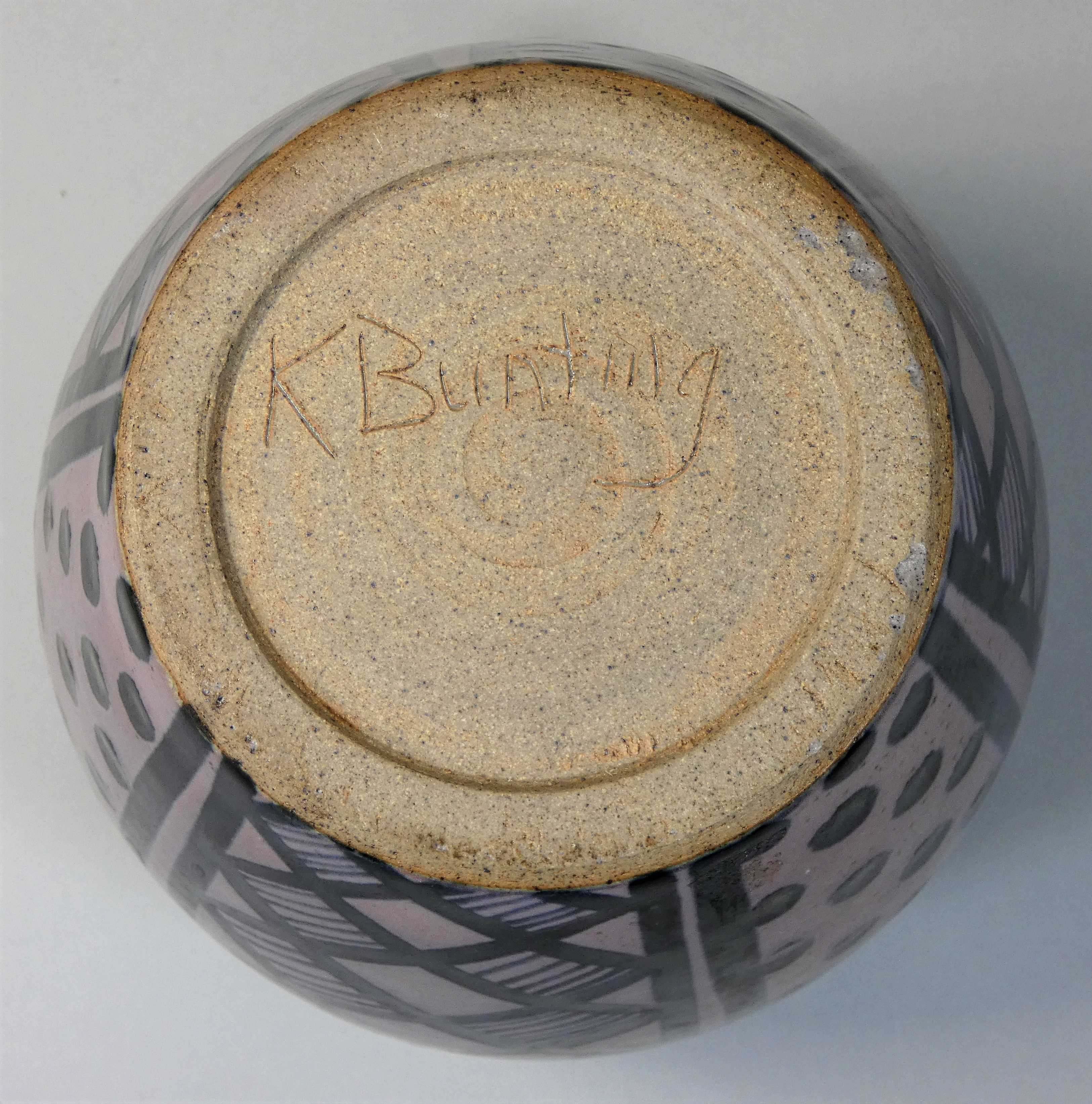 Karen Bunting, a stoneware lidded container, in mottled salmon and grey glaze, engraved 'K Bunting', - Image 3 of 3