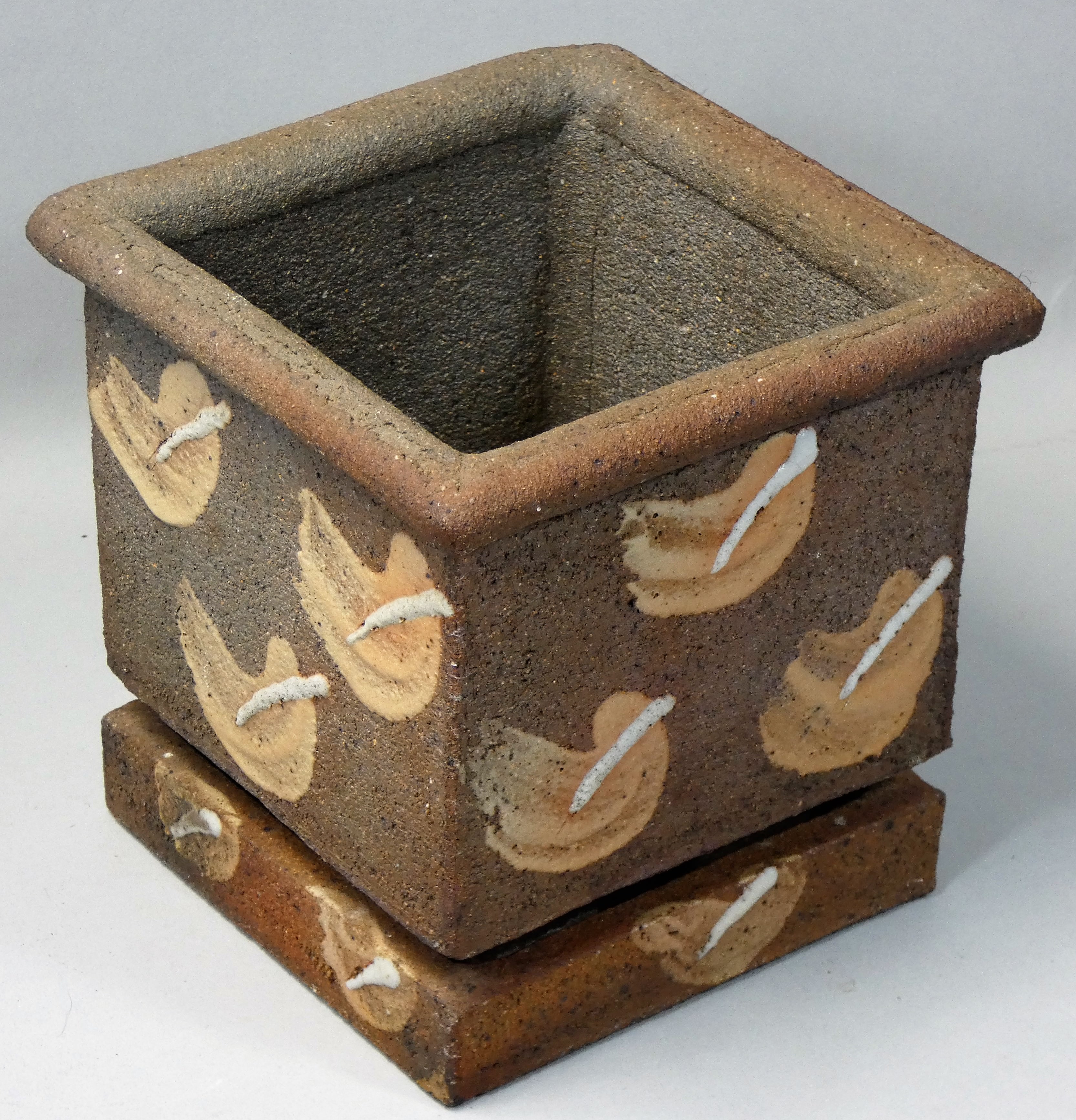 A stoneware planter with water reservoir, of square form with applied decoration, height 15cm. - Image 2 of 3