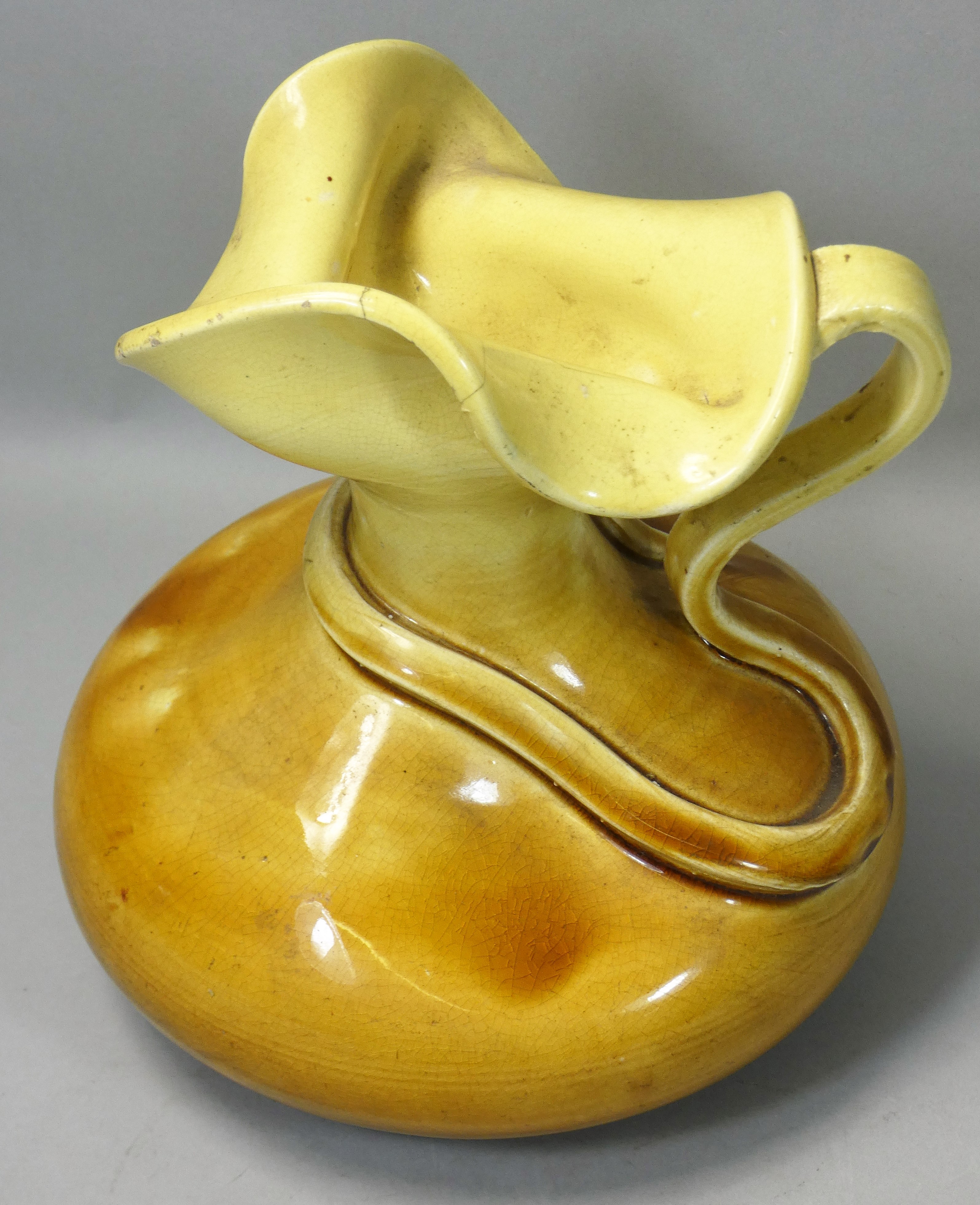 J R Mally, an 'Old London Ware' studio art pottery distorted yellow squat vase, in the form of a jug - Image 2 of 3