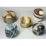 C.B. (unknown), five lidded stoneware containers, one with impressed mark (5).