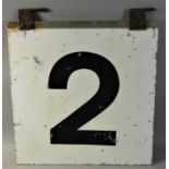 A black and white double sided platform sign "2", 42 x 40 cm.