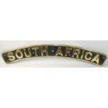 A replica brass nameplate "South Africa", originally carried by Jubilee Locomotive 45571.