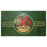 A British Railways sign with lion and wheel emblem on a green ground, 177 x 76cm.