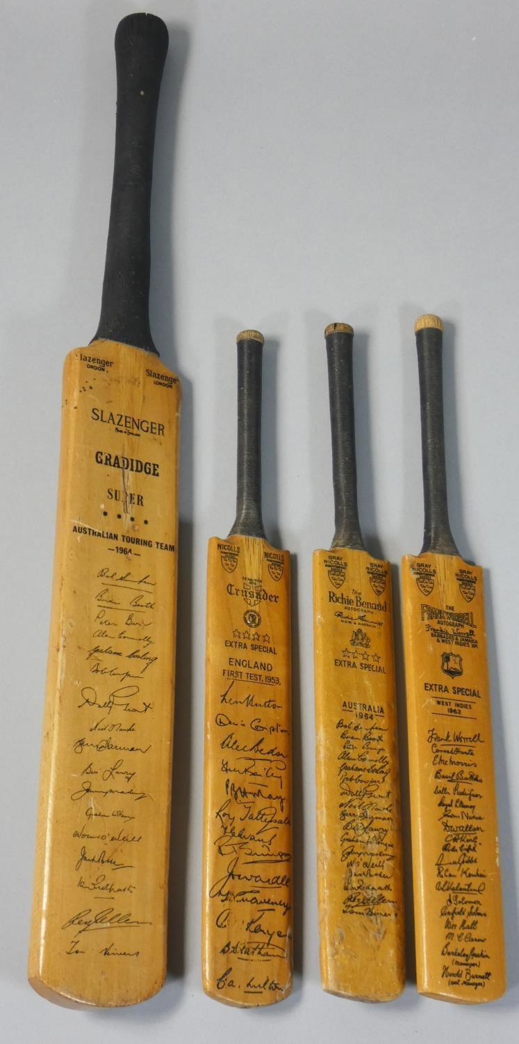 Four miniature signed cricket bats, to include Extra Special England First Test 1953, West Indies