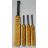 Four miniature signed cricket bats, to include Extra Special England First Test 1953, West Indies