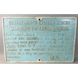 A L.N.E.R. cast iron Trespass warning sign, 44 x 67 cm.