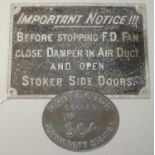 An 'Important Notice' steel sign together with a 'Protecter Eccles' plate (2).