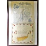 Two framed commemorative silk handkerchiefs, depicting military musical scores; a WWI example and an