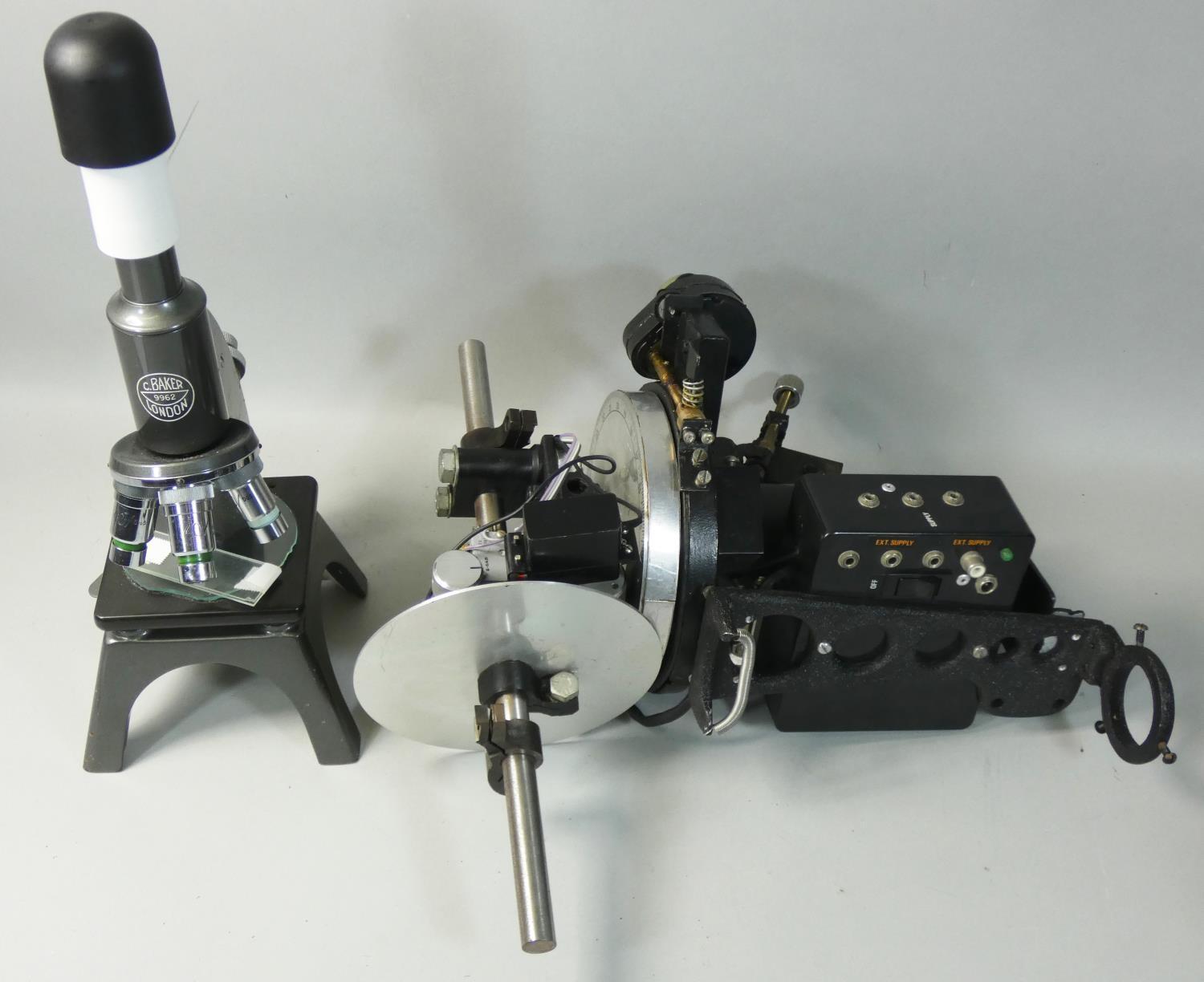 A microscope by C. Baker of London, No. 9962, together with a circular measuring gauge (2).