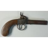 A pocket percussion cap pistol with screw off barrel, mahogany stock and brass fittings,