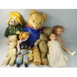 Two boxes of early British made bisque dolls and teddy bears, to include a large Paddington Bear and