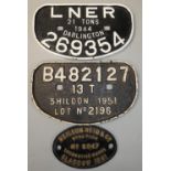 2 'D' wagon plates to include, LNER Darlington 1944, Shildon 1951 together with a replica works