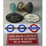A sundry lot to include, 2 builders plates (Cravens, Sheffield 1956 and B.R. Derby 1962), 2 glass