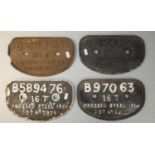 Four railway wagon plates; B589476 1957 Lot No. 2925, B88323 1953 Lot No. 2255, B97063 1954 Lot