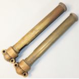 A pair of 12 inch brass whistle's one stamped A84055 and the other A8405.