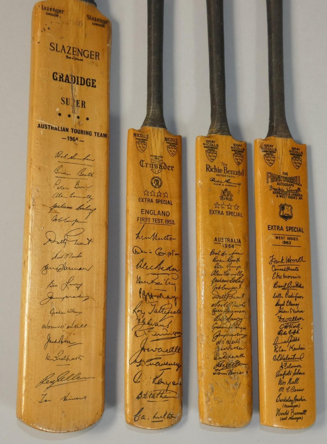 Four miniature signed cricket bats, to include Extra Special England First Test 1953, West Indies - Image 2 of 2