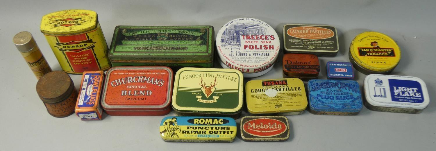 A box of 18 old collectors tin's to include, Romac, Dunlop, Gulf, Churchman and various others.