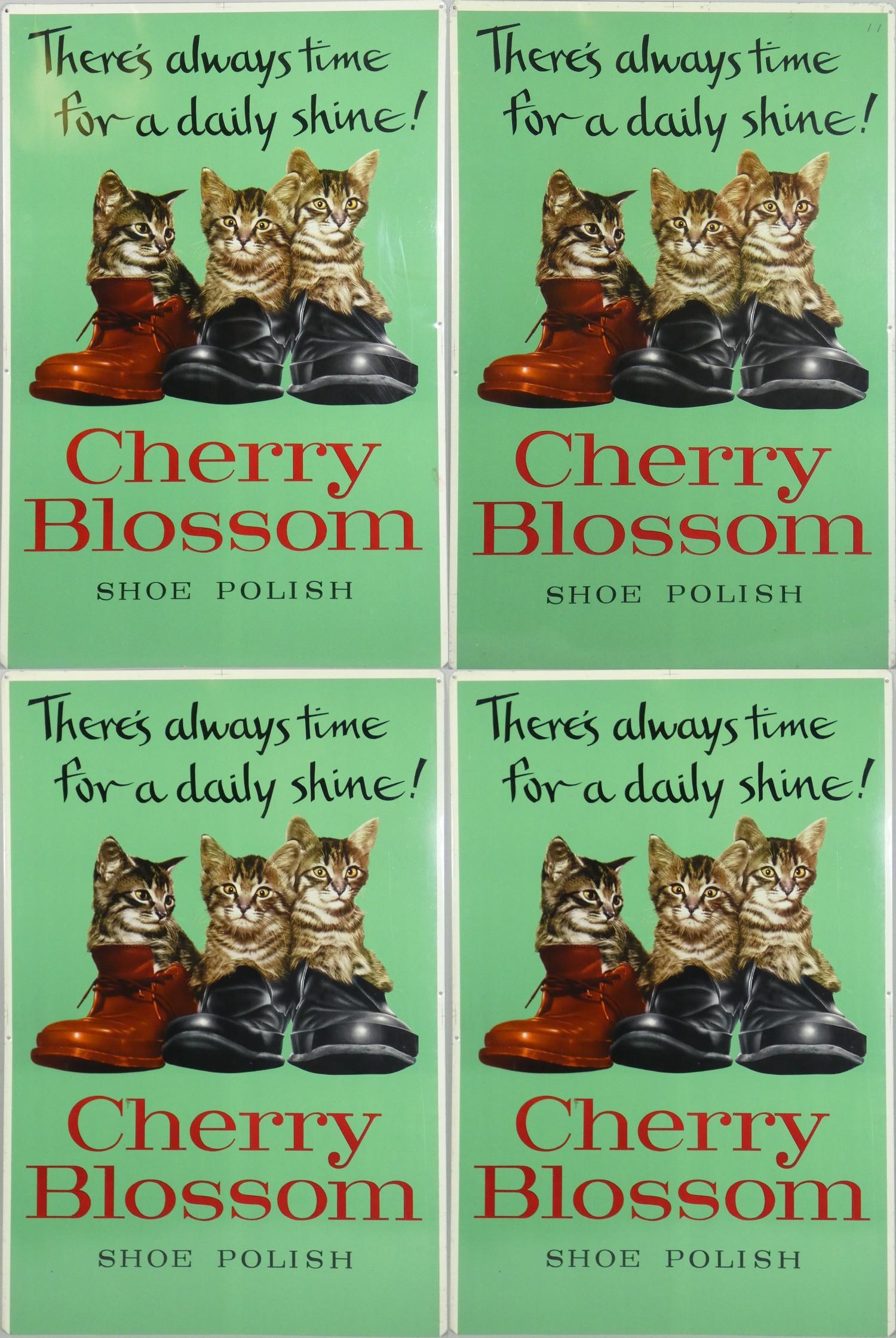 Four advertising signs, "Cherry blossom shoe polish, there's always time for a daily shine", with