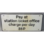 A 1970's metal station car park sign 'All day parking 35p'.
