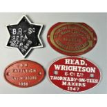 A group of 4 wagon plates to include, Head Wrighton 1947, BR-SC 1953, Gloucester R.C.W and B.R.