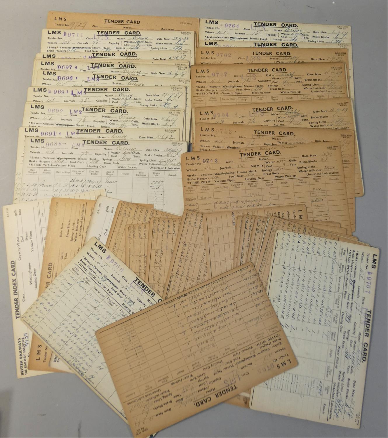 55 original LMS tender record cards for locomotives built at Crewe, between 1937-40, dates of