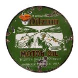 A circular vitreous enamel single sided sign, Oilzum, Motor Oil, green and orange pictorial with two
