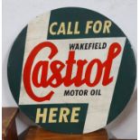 A single sided circular sign, painted with a Castrol motif, diameter 60 cm.