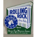 An enamel advertising sign, Rolling Rock with clock, height 51 cm.