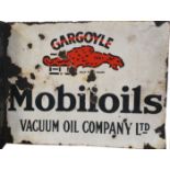 A double sided, wall mounted, vitreous enamel Mobiloil Gargoyle sign, restored bracket, 40 x 50 cm.