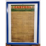 A Castrol Lubrication index chart, 1936 - 1960 models, 107 x 82 cm overall.