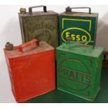 Four petrol cans with caps, Shell-Mex, Pratts, Esso and SM & BP Ltd (4).