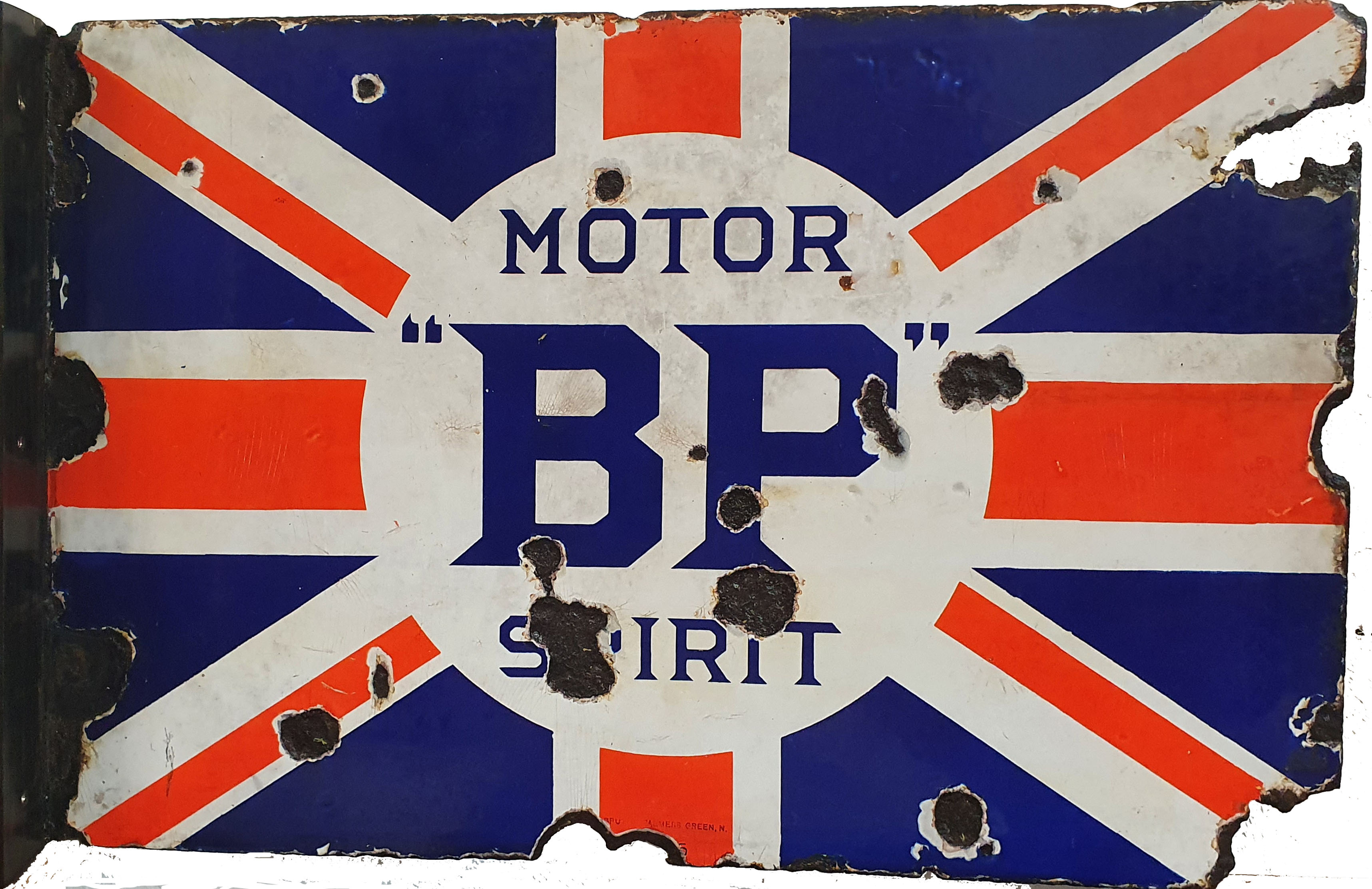 A double side, wall mounted, vitreous enamel BP Motor Oil Spirit sign, restored bracket, 41 x 61 cm.