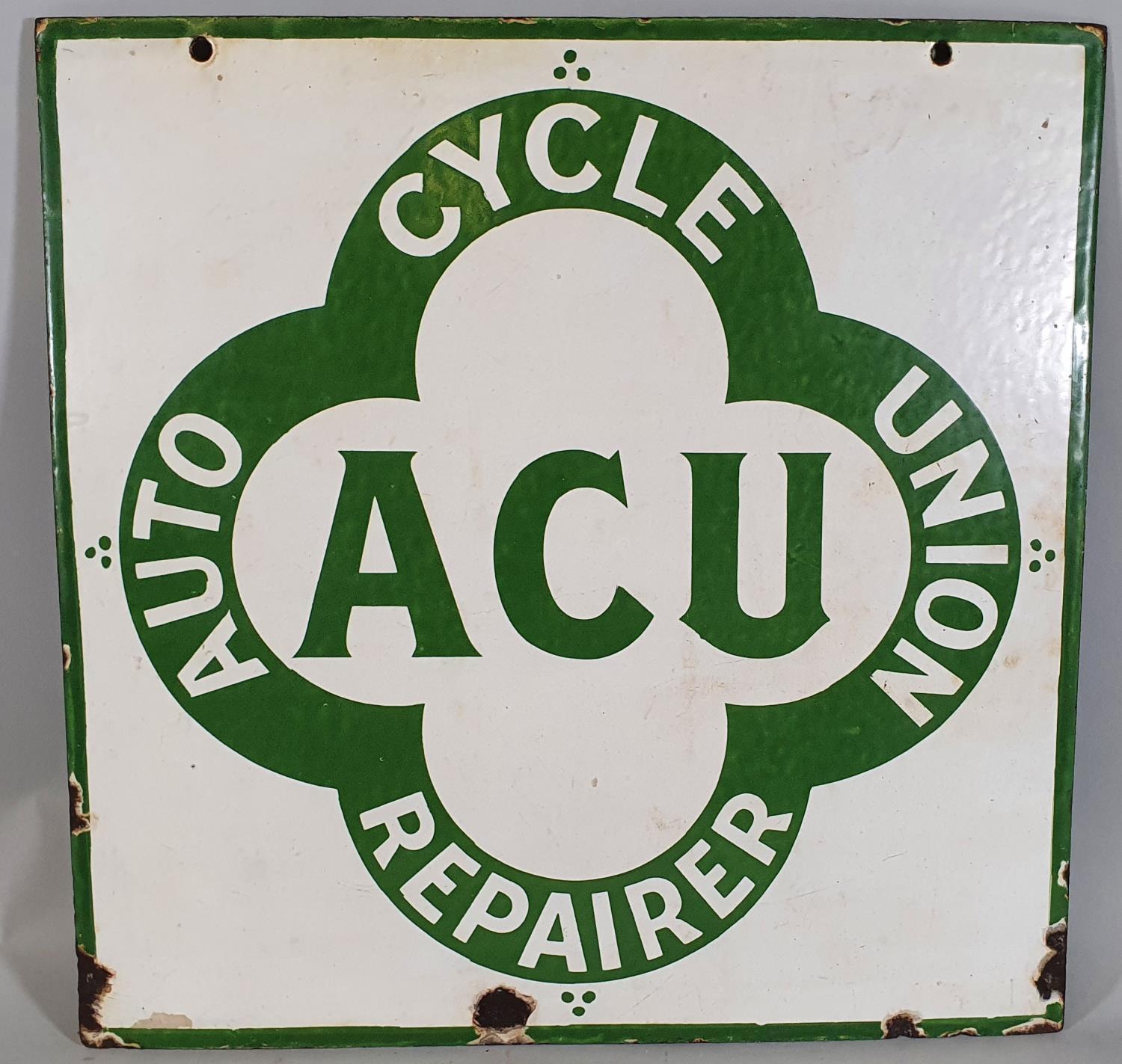 A double sided hanging vitreous enamel advertising sign, Auto Cycle Union Repairer, 51 x 51 cm.