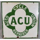 A double sided hanging vitreous enamel advertising sign, Auto Cycle Union Repairer, 51 x 51 cm.