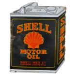 A double side, hanging, vitreous enamel Shell Motor Oil, can shaped sign, 51 x 40 cm.