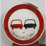 A single sided circular enamel No Overtaking sign, 60 cm.