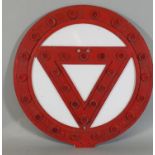 A red reflective glass mounted warning sign, diameter 61 cm.