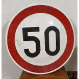 A single sided enamel speed limit sign, 50 and another 40, with post mounting brackets, 60cm.