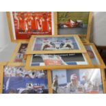 A collection of ten F1 framed photographs, framed, together with one of a motorcycle.