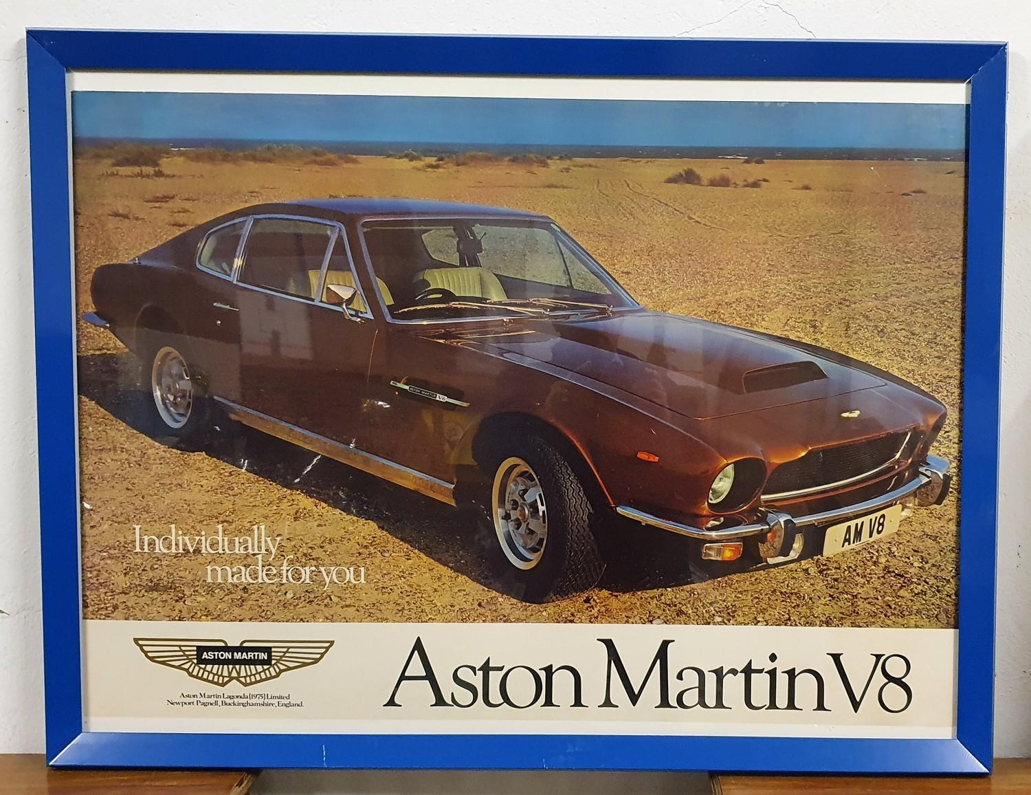 An Aston Martin V8 showroom poster, framed, 82 x 107 cm overall.